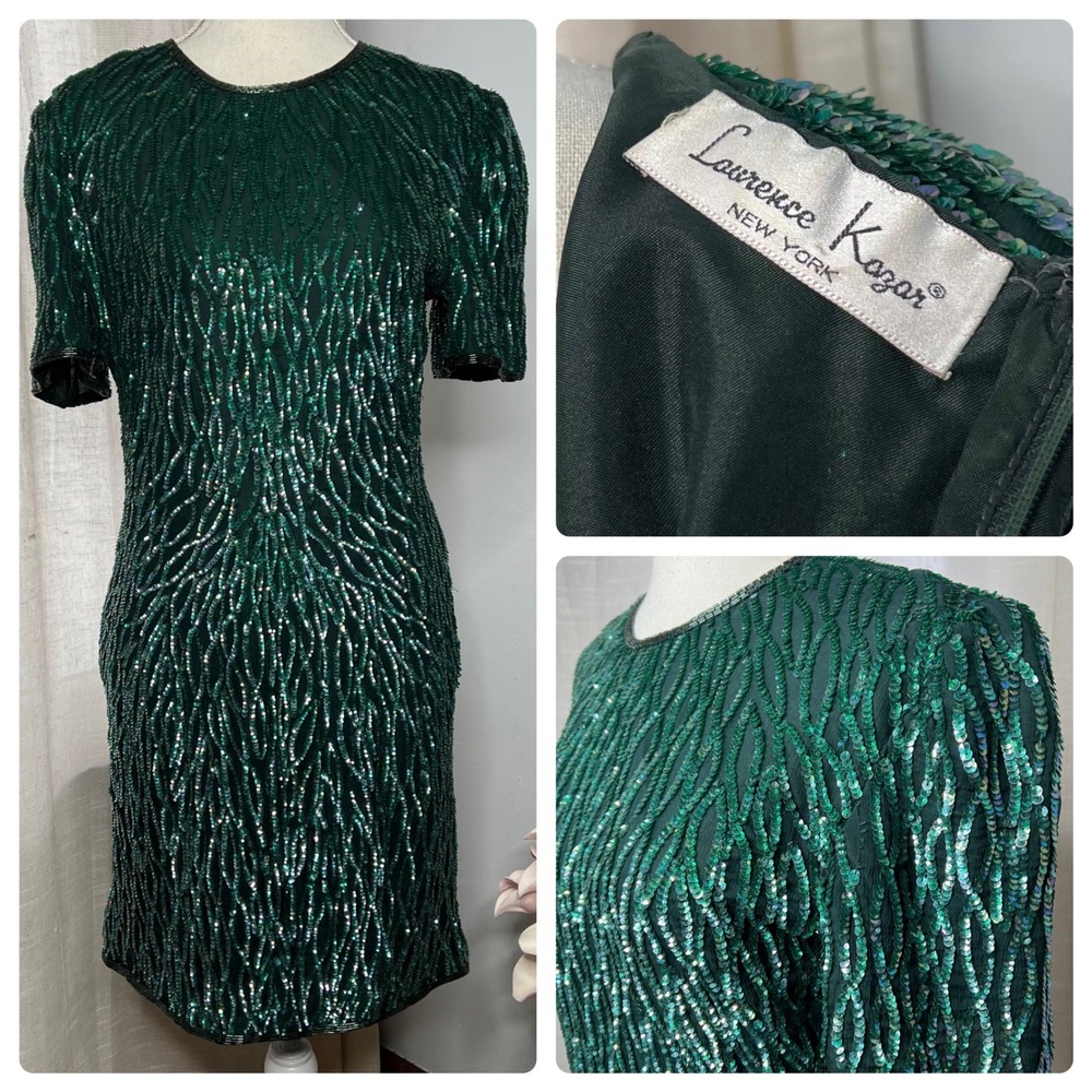 Vintage Laurence Kazar Silk Dress Green Iridescent Sequins Beads Medium‎ Petite
